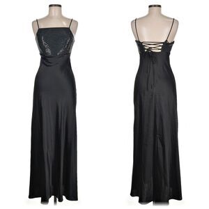 Vintage 90s Y2K Maurices Sequin Prom Gown Black Maxi Dress Strappy Siren Size 7